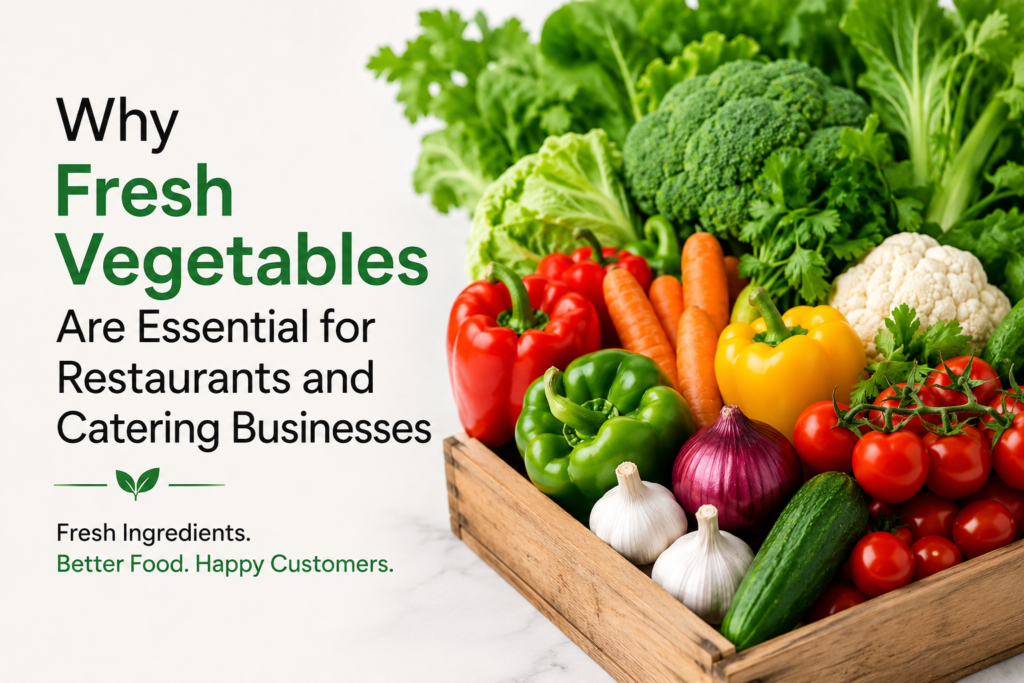 A wooden crate filled with fresh vegetables including broccoli, lettuce, carrots, bell peppers, cauliflower, tomatoes, onions, garlic, and cucumber, symbolizing the importance of fresh produce for restaurants and catering businesses.